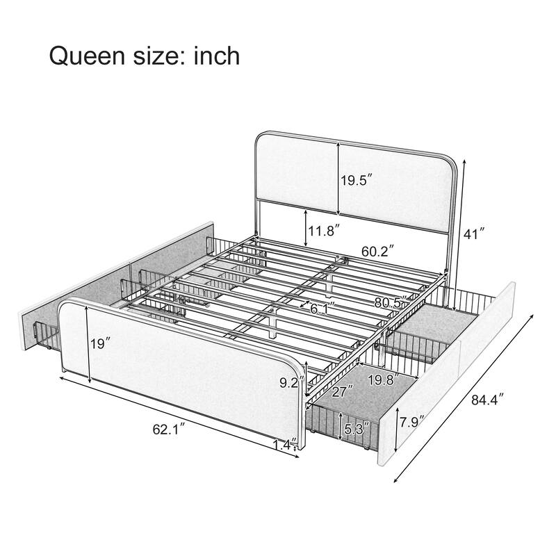 Gold Modern Metal Bed Frame with Curved Upholstered Headboard