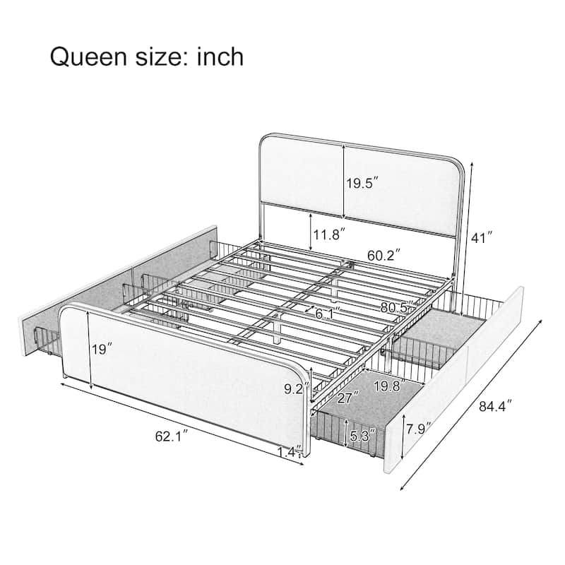 Linen Upholstered Bed Metal Platform Bed Frame with Storage Underneath, Safety Rounded Corners Design Headboard and Footboard