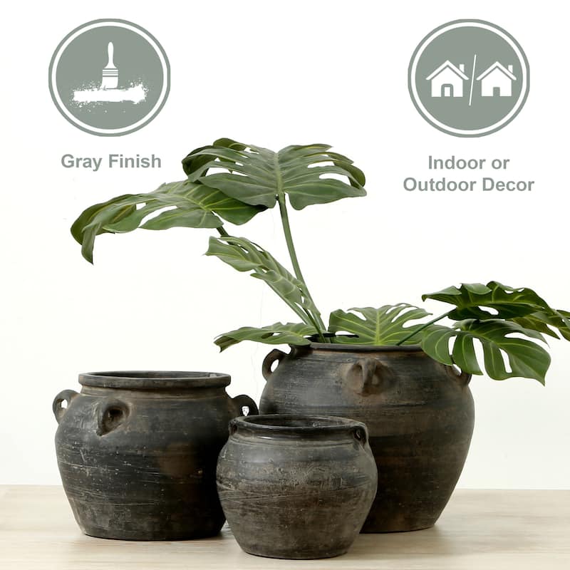 Artissance 14.2"W Large Gray Pottery Indoor Outdoor Vintage Water Jar w/4 Handles, Home and Garden Decor (Color & Size Vary)