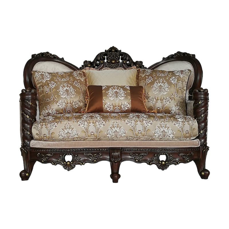 Nicolette Dark Walnut Loveseat with Carved Crown