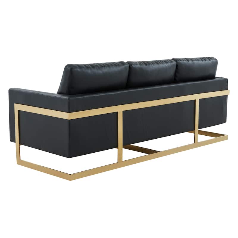 LeisureMod Lincoln Modern Upholstered Leather Sofa with Gold Frame - 83"