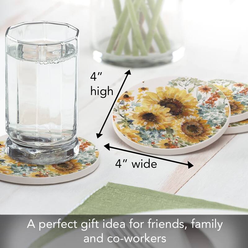 CounterArt Sunflowers Forever Absorbent Stone Tumbled Tile Coaster Set of 4 Made in The USA Protective Cork Backing