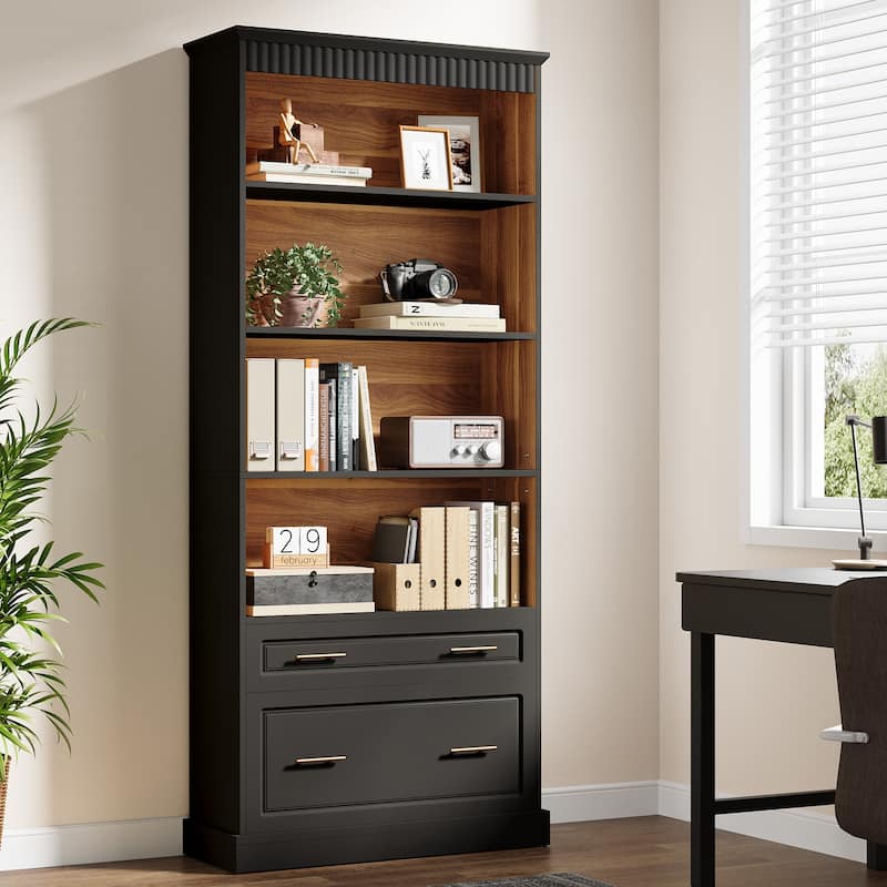72.8" Tall File Cabinet Bookshelf with 2 Drawers - Black/ Oak