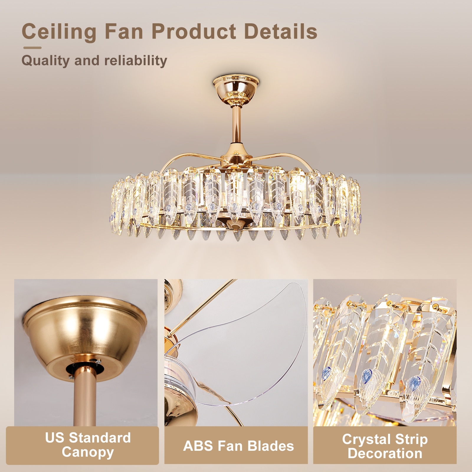 Gold Crystal Chandelier Ceiling Fan with Reversible Motor