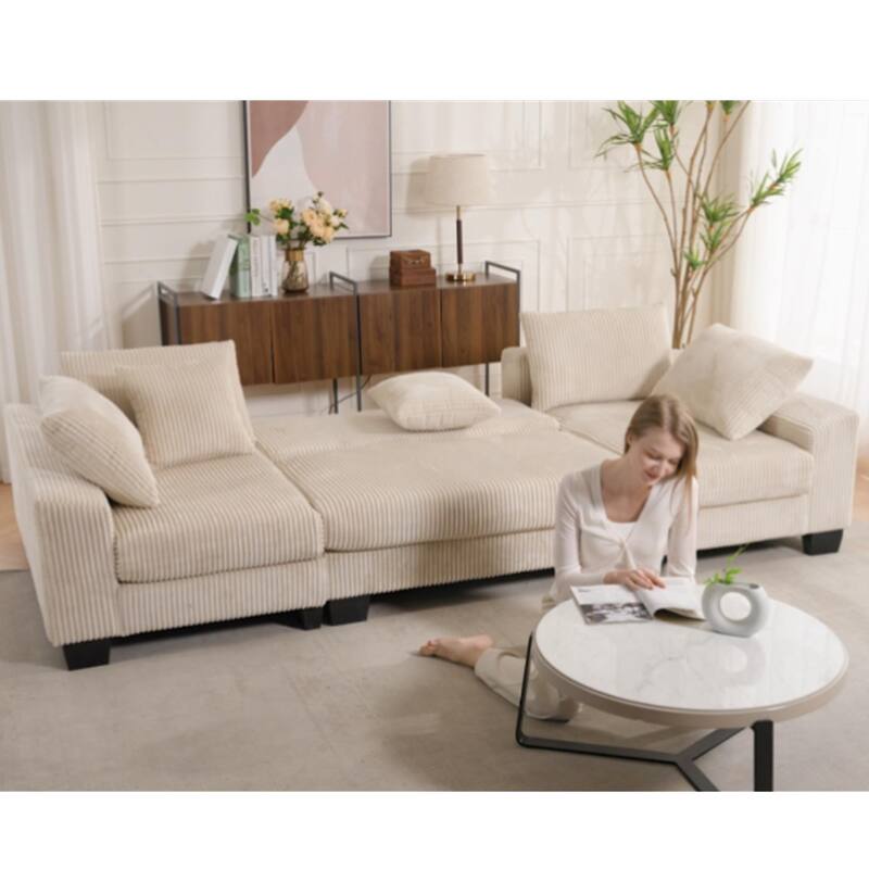 U Shaped Sofa Convertible Pull Out Sleeper Sofa Bed, 2 in 1 Recliner Sectional Couch, Corduroy Upholstery Daybed with Pillow