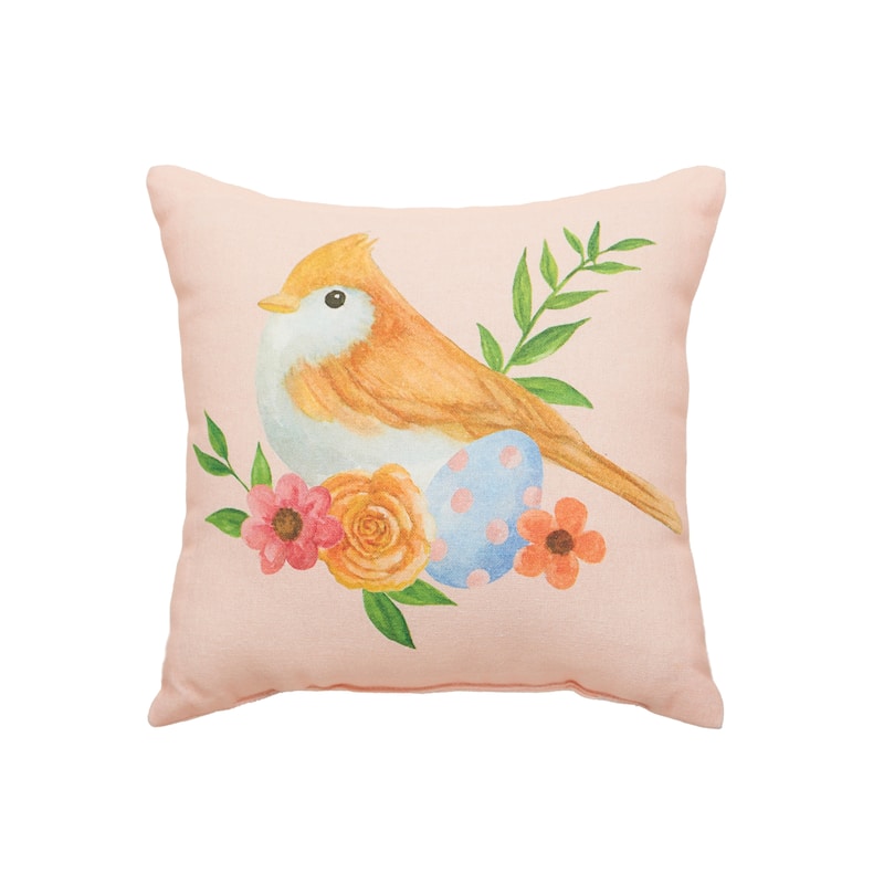10" x 10" Pink Floral Bird Woven Small/Petite Spring Easter Themed Accent Pillow