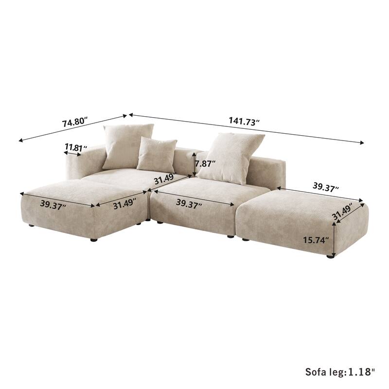 L-shaped Modular Sectional Sofa Corduroy Upholstered Couch with Chaise Ottoman and 3 pillows