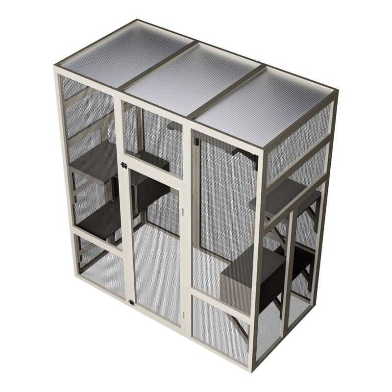 Large Gray Wooden Catio - Outdoor Cat Enclosure with 5 Platforms, 2 Resting Boxes & UV/Waterproof