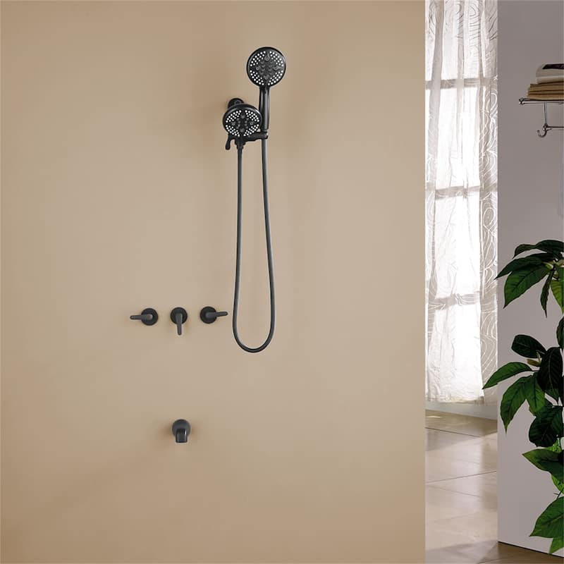 Wall Mounted Shower Faucet with Tub Spout Complete Matte Black Rain Dual Shower Head Shower System Wth Rough-in Valve