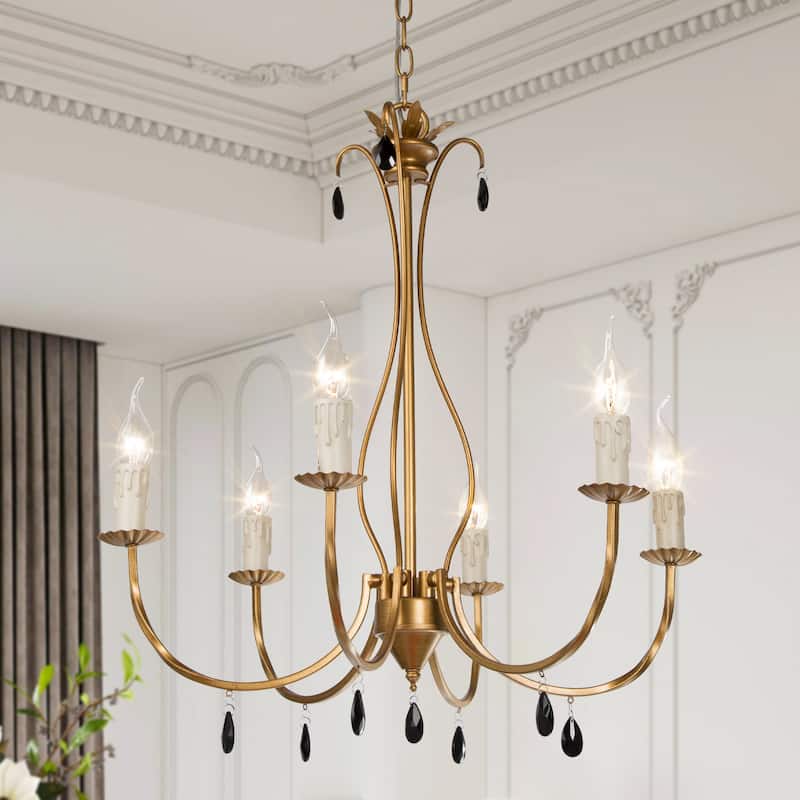 Farmhouse 6-Light Brushed Gold Classic Crystal Chandelier - W 23"x D 23"x H 24" - Antique Brushed-Gold