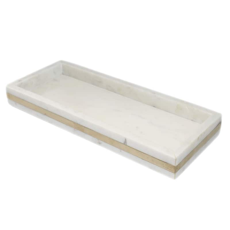 Med. White Marble Tank Tray w Brass Inlay 15"x6"