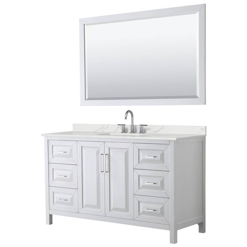 Daria 60-inch Single Vanity, 3 Hole Quartz Top, 58-inch Mirror - White, Chrome Trim, Giotto Quartz Top
