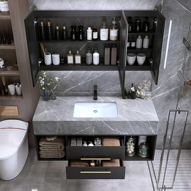 39-Inch Modern Solid Wood Floating Dresser with Ceramic Sink 2 Drawers and Shelves Pre-Installed Black