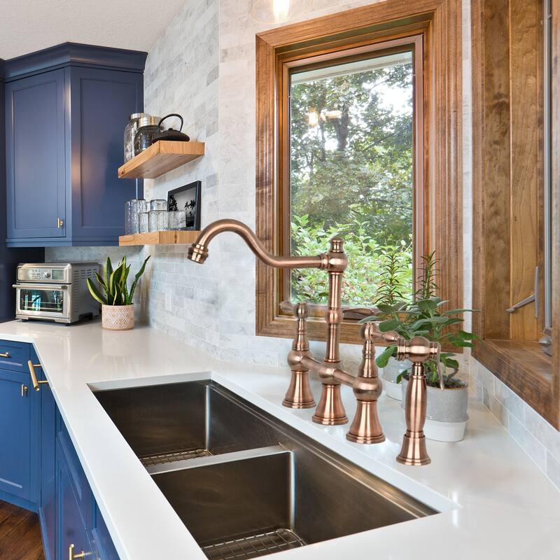 Two-Handles Bridge Kitchen Faucet with Side Sprayer 8-3/8 Inch High Arc