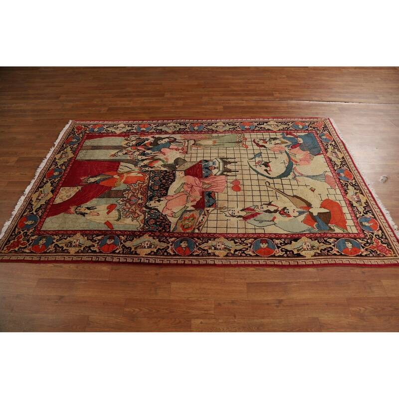 Pre-1900 Antique Pictorial Kashan Persian Rug Hand-Knotted Wool Carpet - 4'3"x 7'0"