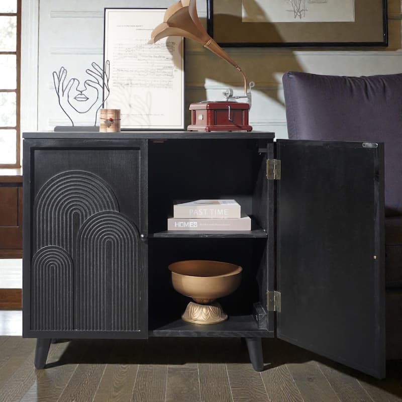 31 Inch Modern Black Storage Cabinet with Embossed Door, Accent Sideboard for Bedroom Living Room