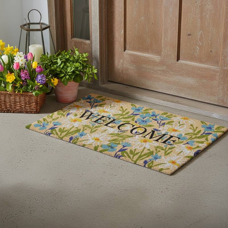 HomeRoots 24" X 36" Brown Light Blue And Green Floral Welcome Outdoor Coir Door Mat - 24.00' X '36.00 - 24.00' X '36.00