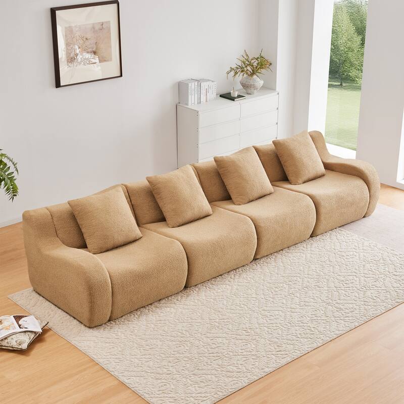 Anmytek Modern Plush 4-Seat Boneless Sofa - High-Quality Teddy Fabric, 32D High Density Sponge, No Assembly