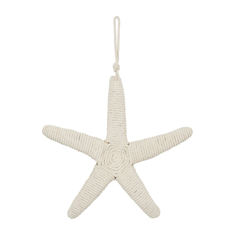 Light Brown or Cream Jute Handmade Wrapped Starfish Wall Decor with Hanging Rope