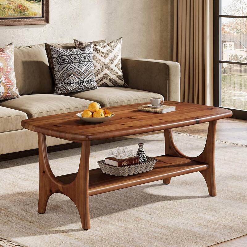 Solid Wood Coffee Table, 47.24-Inch Mid-Century Modern Rectangle Center Table - Brown - Wood