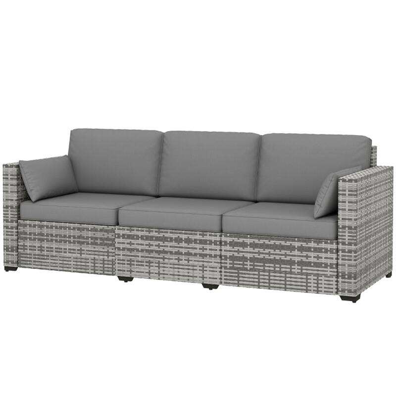 3-Seater Outdoor Rattan Sofa PE Wicker Galvanized Steel Frame Patio Deck Garden Couch with Cushions and Pillows - Grey