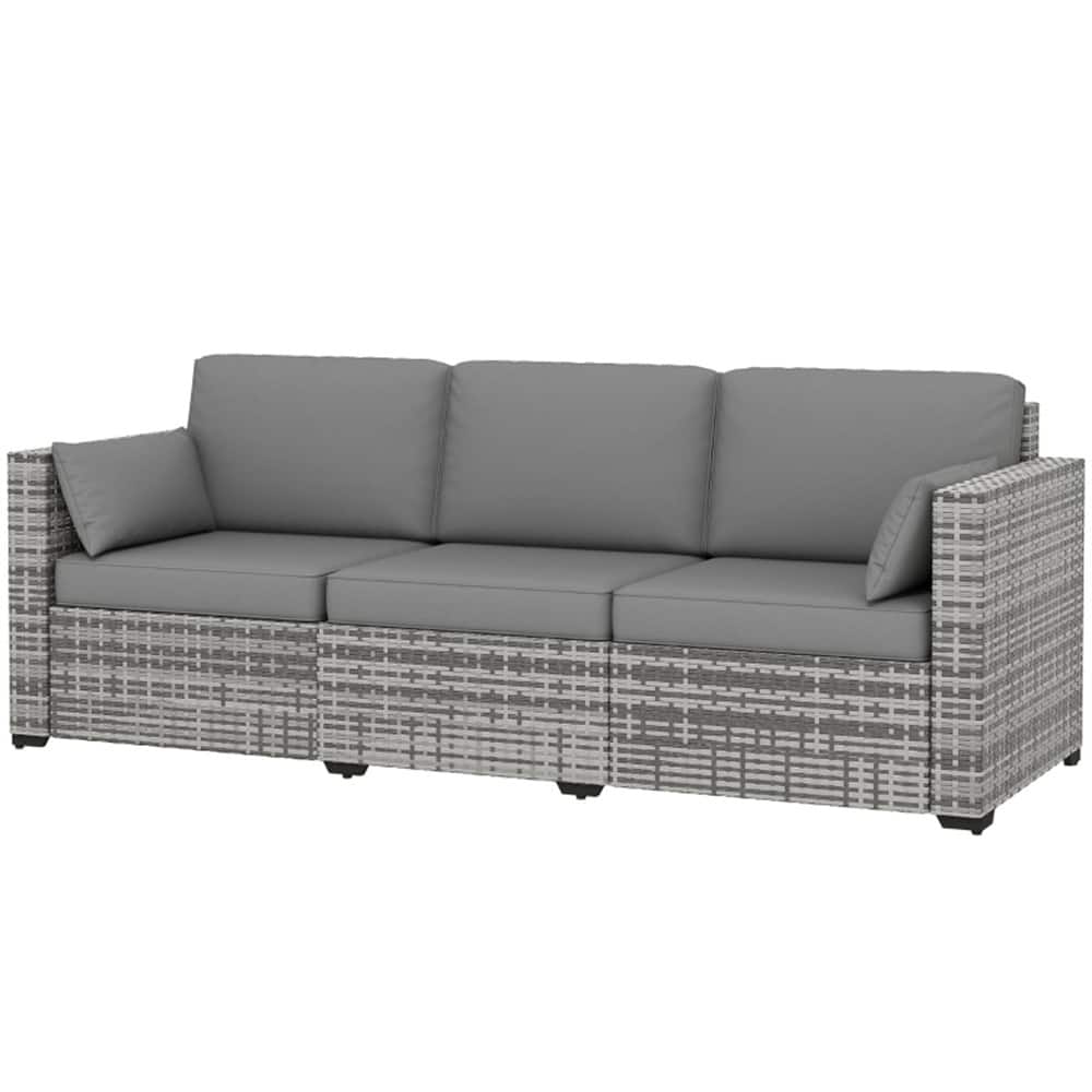 3-Seater Outdoor Rattan Sofa PE Wicker Galvanized Steel Frame Patio Deck Garden Couch with Cushions and Pillows