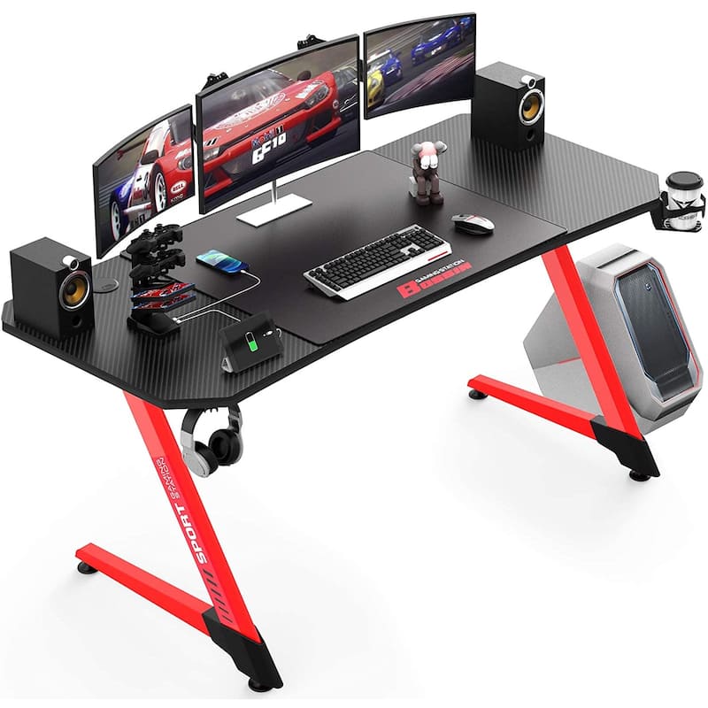 BOSSIN Ergonomic Gaming Desk Z-Shaped Office PC Computer Desk Gamer Tables with Cup Holder and Headphone Hook