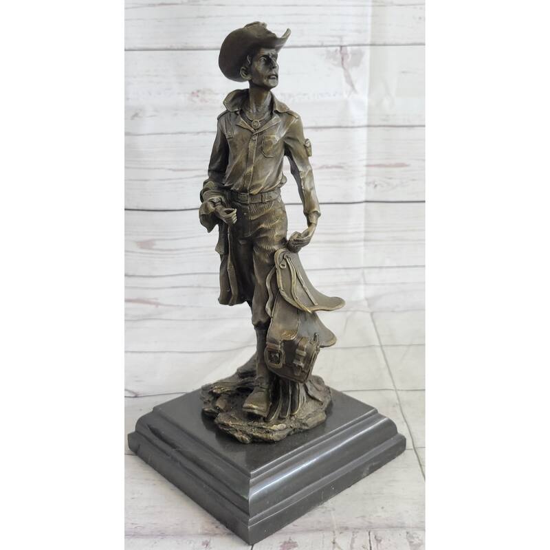 Cowboy Holding Imitative Horse Saddle Bronze Statue Sculpture Figure Western 13 Inches X 6 Inches