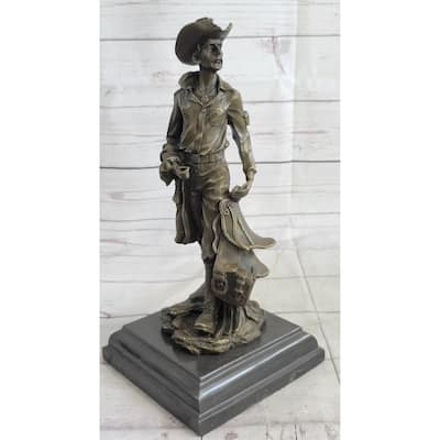 Cowboy Holding Imitative Horse Saddle Bronze Statue Sculpture Figure Western 13 Inches X 6 Inches