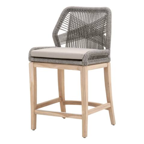 Counter Stool with Wooden Legs and Rope Back, Brown and Gray