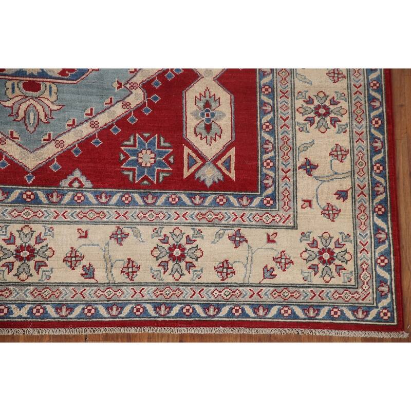 Hand Knotted Oriental 100% Wool Carpet Traditional Geometric Navy Blue & Blues Kazak Area Rug - 9' 6'' X 6' 8''