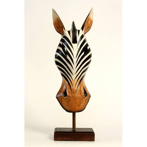 20" Wooden Tribal Striped Zebra Mask with Stand Hand Carved Home Decor Accent Art Unique Sculpture Decoration Handmade