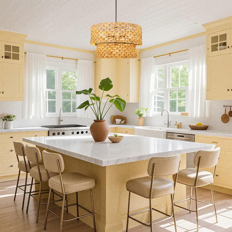 Ravy Farmhouse 6-Light Drum Rattan Chandelier Coastal Natural Pendant Light for Kitchen Dining Room - Dia. 26" x H 15.7"