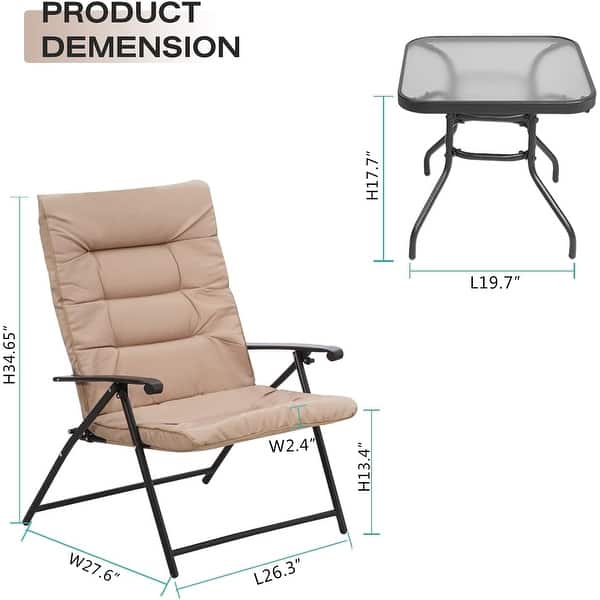 dimension image slide 2 of 3, SUNCROWN 3 Piece Outdoor Patio Padded Folding Chairs Bistro Set