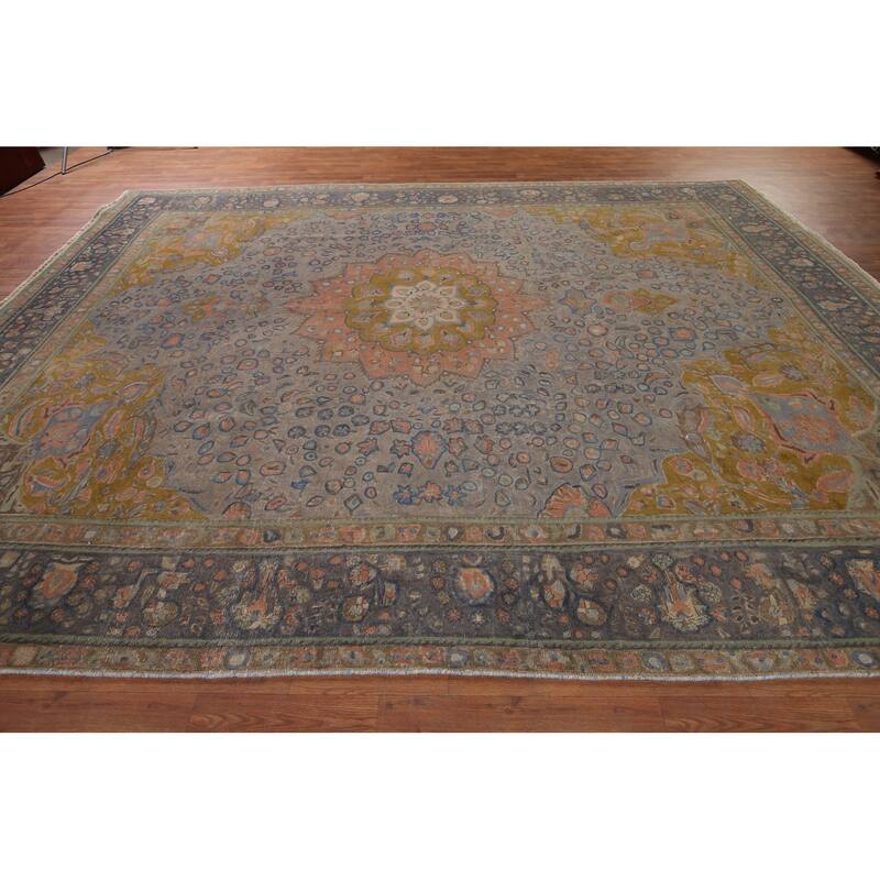 Distressed Tabriz Vintage Persian Area Rug Handmade Grey Wool Carpet - 9'10" x 12'10"