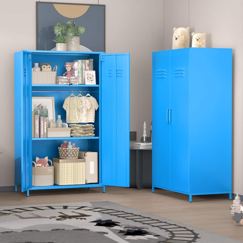 Double Doors Metal Locker Cabinet Storage with Hanging Rod and Shelves for Bedroom School Classroom