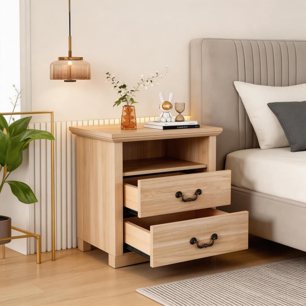 Rustic Distressed Oak Nightstand Bedside Table with Open Shelf and 2 Drawers