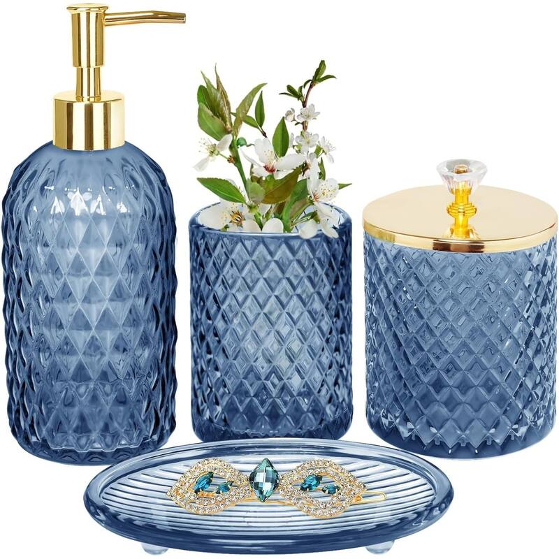 4-piece black bathroom accessories set with soap dispenser, toothbrush holder, medicine bottle, tray - Blue