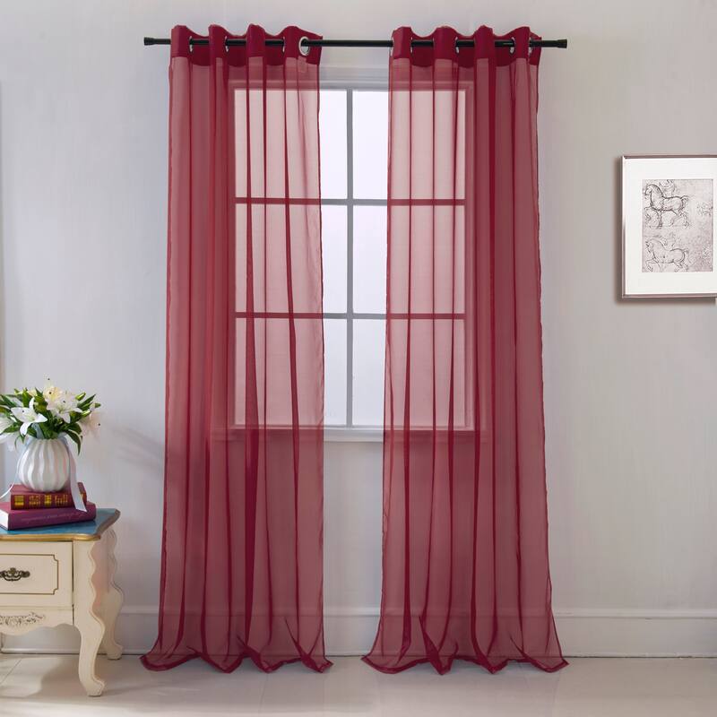 Cara Sheer Voile Grommet Window Curtain Panel - 84 or 90 inches - 54 x 90 - Burgundy