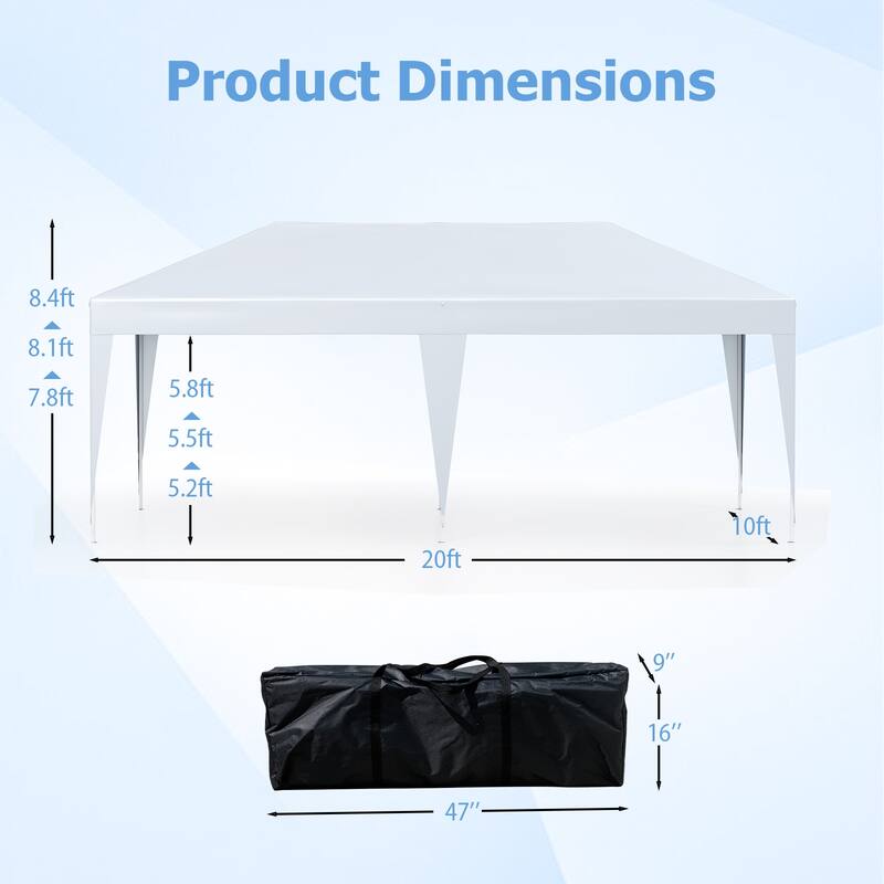 10 x 20 Feet White Pop-Up Canopy Tent with Adjustable Heights and Stakes Ropes Outdoor Included Carry Bag