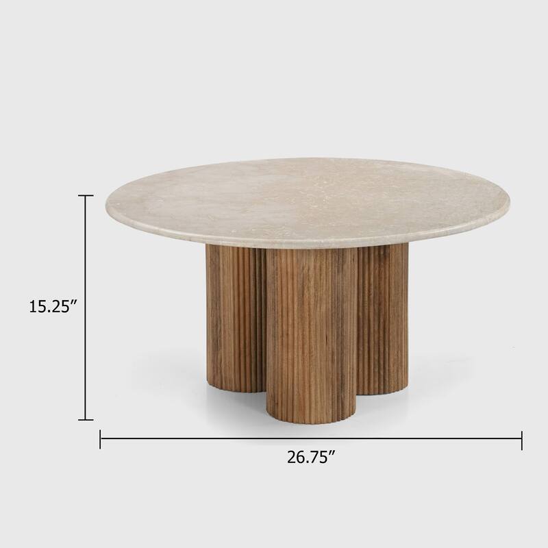 Cid Den Coffee Table, Brown Wood, Round Botticino Marble Top, 27 Inch