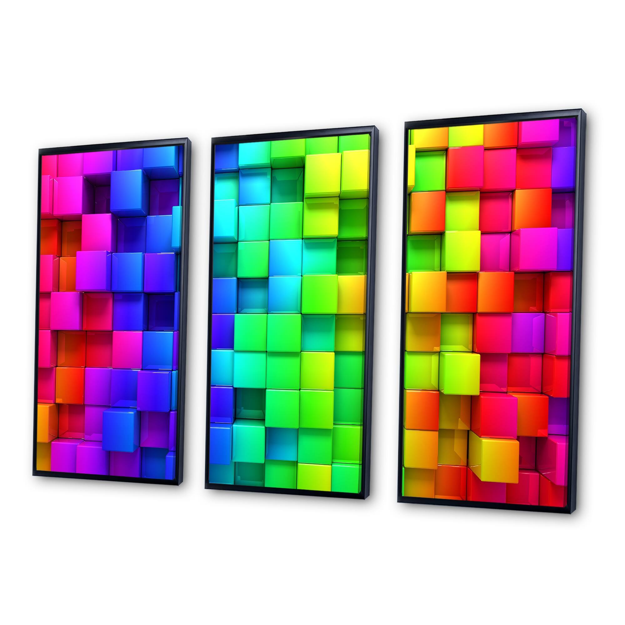 Designart "Rainbow of Colorful Boxes" Abstract Framed Art Set of 3 4