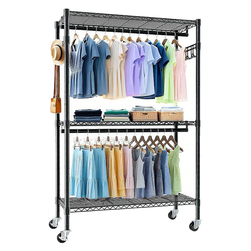 Modern Heavy Duty Coat Rack Rolling Clothes Rack with 3-Layer Dividers 2 Clothes Rods and Side Hooks, for Bedroom - Black