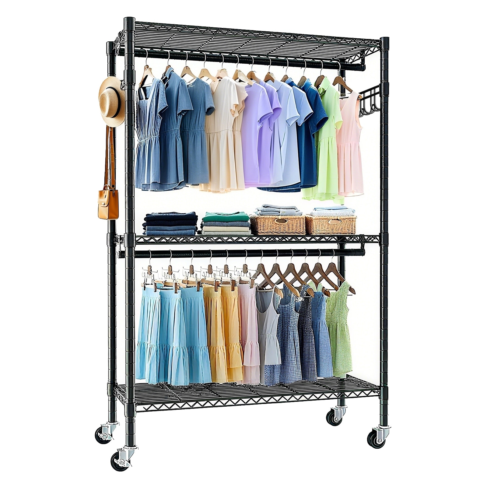 Pro 3-Tier Rolling Clothes Rack with 2 Clothes Rails and Side Hooks, Duty Wheels