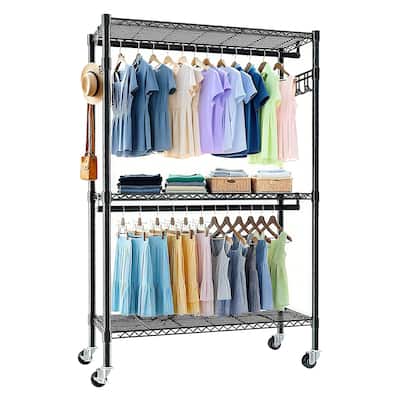 Rolling Heavy Duty Clothes Rack with Wheels,3 Tiers Adjustable Wire Shelving Clothes Rack with 2 Clothes Rails and Side Hooks