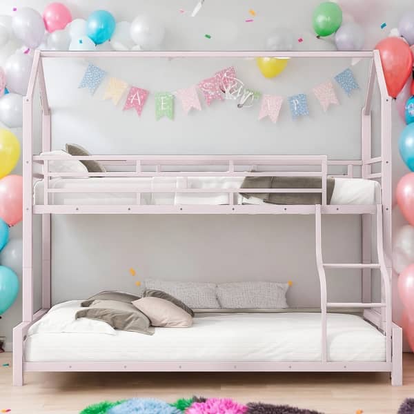slide 2 of 16, 2 IN 1 Twin over Full House Bunk Bed With Sturdy Metal Frame for Bedroom