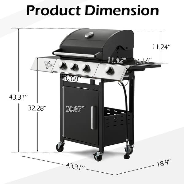 dimension image slide 0 of 3, 3-Burner Propane Grill with Side Burner, Locking Wheels, 395 Sq. In. Cooking Area, 36,000 BTU