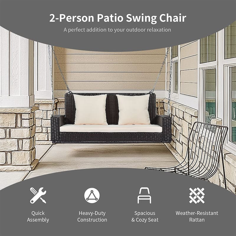 Outdoor Patio 2-Seat Wicker Porch Swing w/ Steel Chain, Cushions - 50"L x 22.4"W x 20.5"H