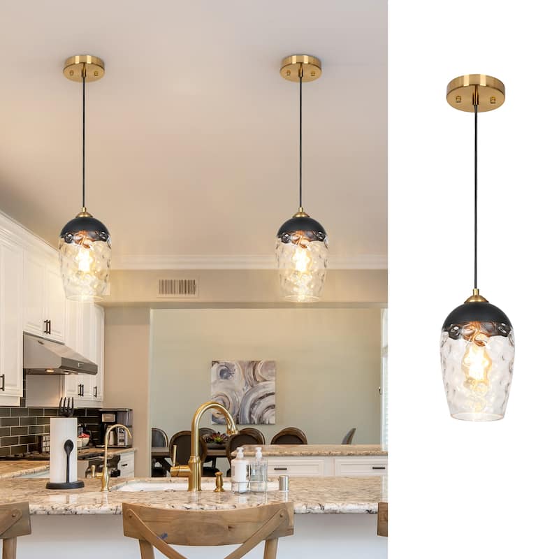 Modern Contemporary 1-Light Black Gold Hammered Glass Kitchen Island Pendant Light for Dining Room
