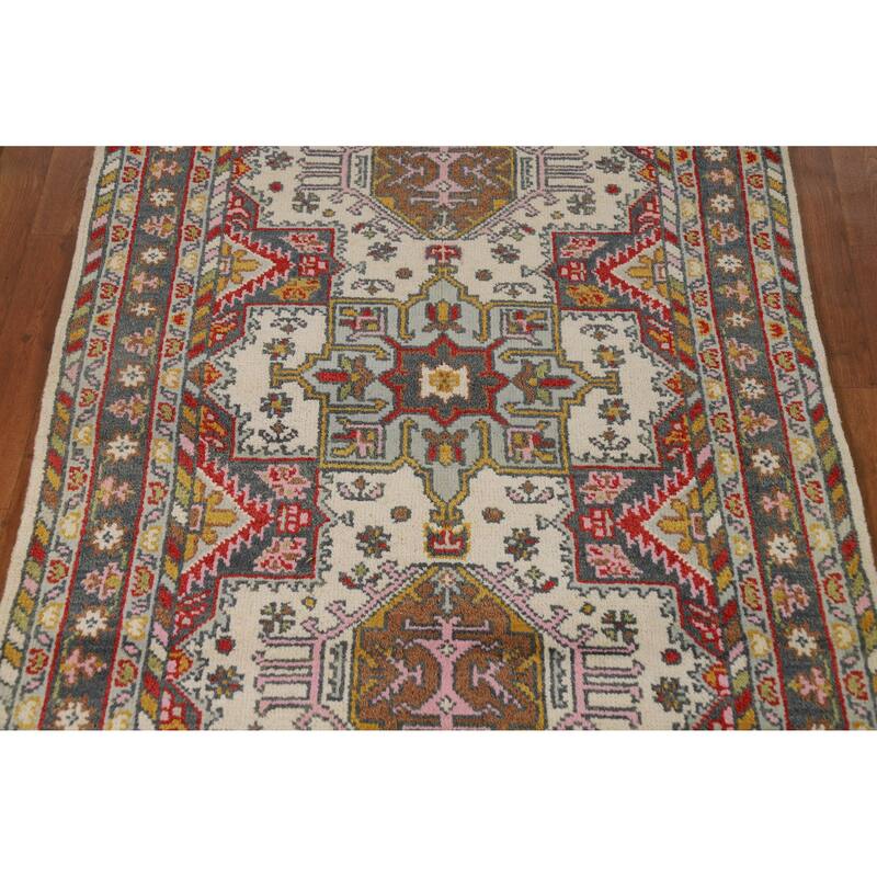 Hand Knotted Oriental 100% Wool Carpet Traditional Geometric Beige & Ivories Heriz (serapi) Area Rug - 6' 2'' X 3' 10''